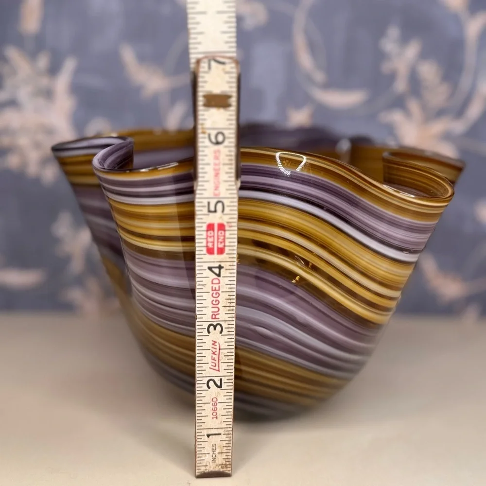 Vintage Estate Murano Style Art Glass Handkerchief Bowl Brown Purple